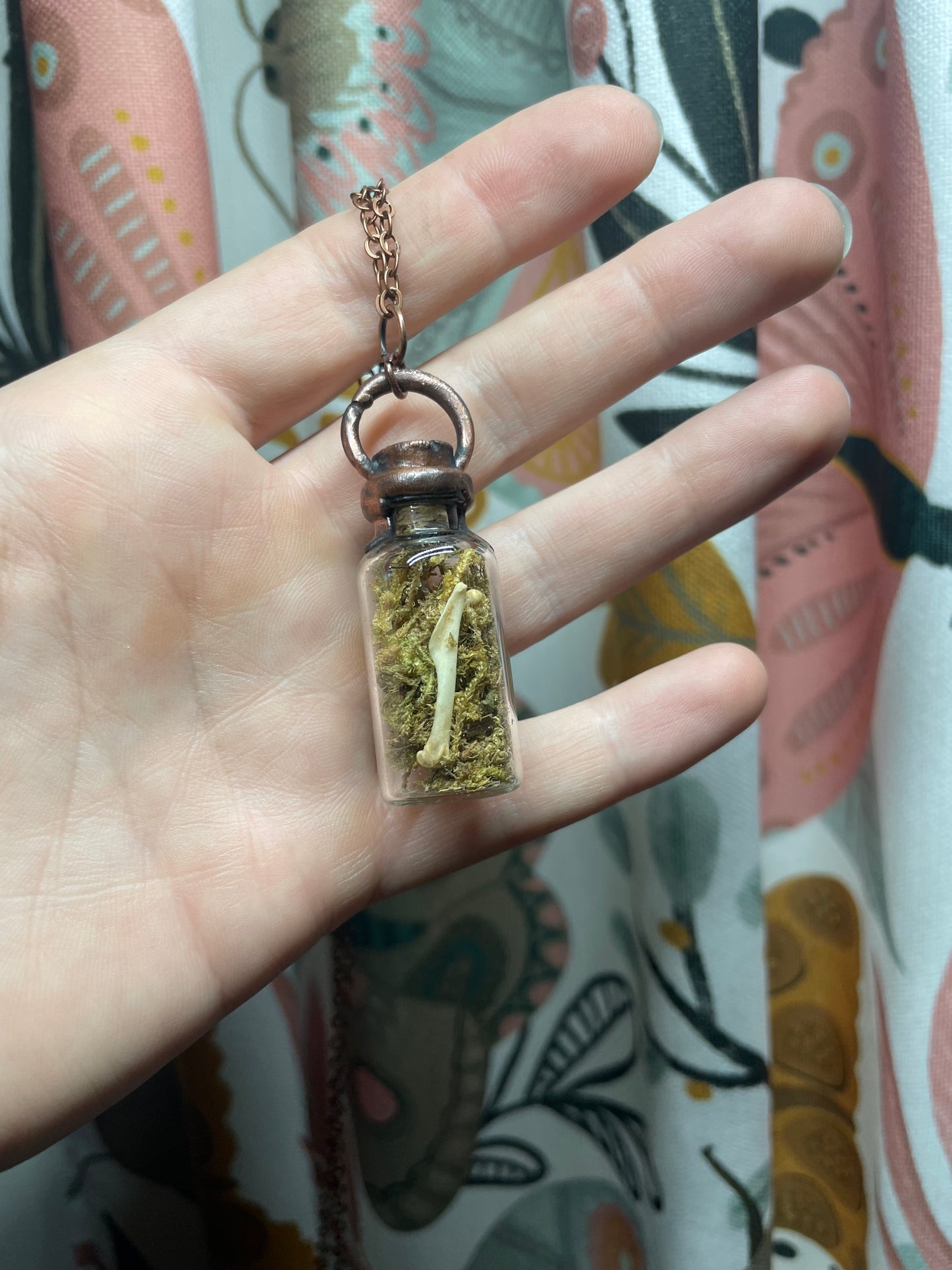 Electroformed Copper Cap Moss and Bone Bottle Necklace