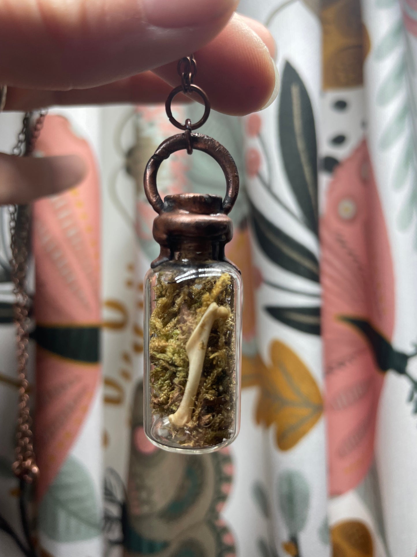 Electroformed Copper Cap Moss and Bone Bottle Necklace