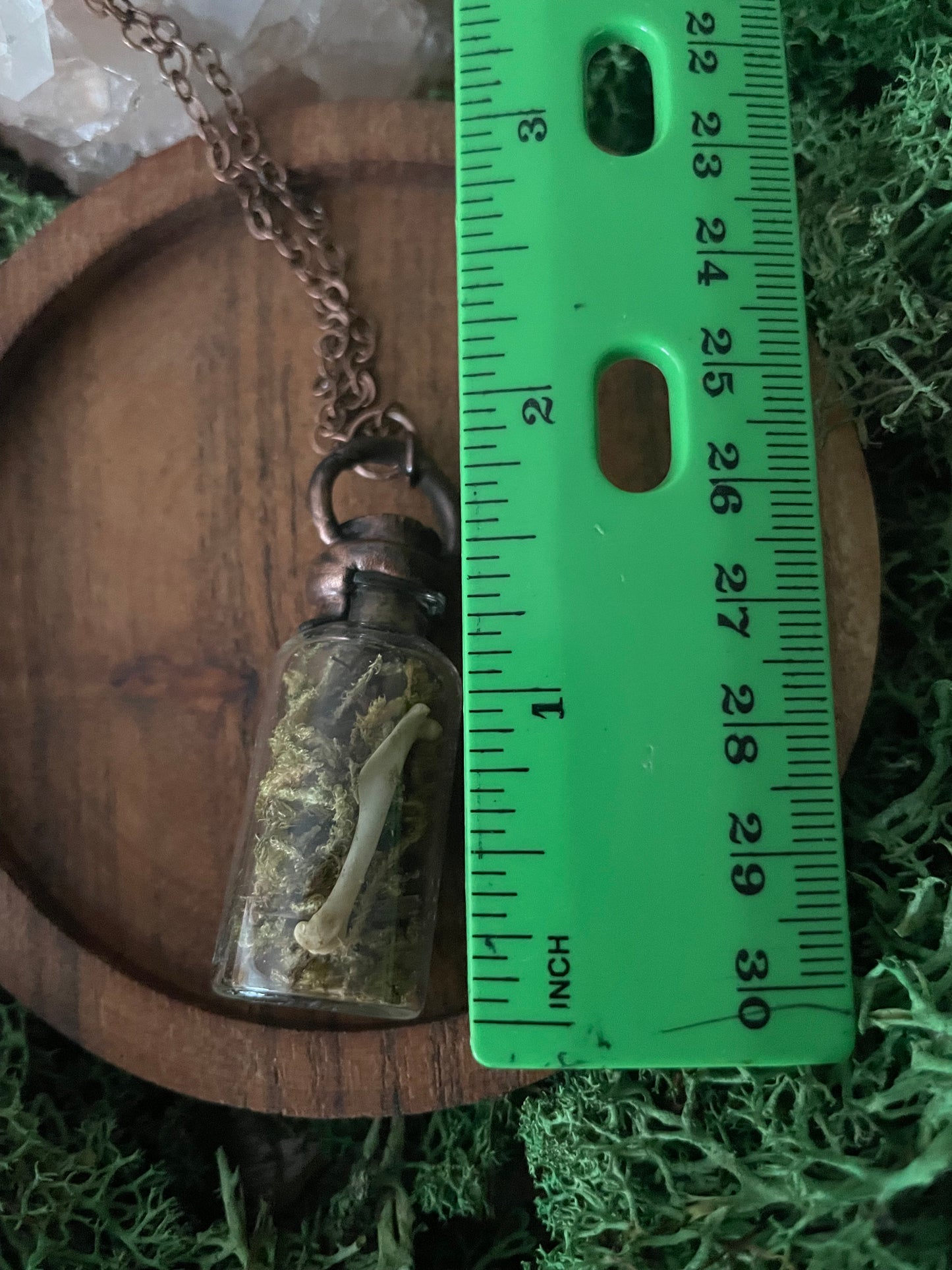 Electroformed Copper Cap Moss and Bone Bottle Necklace