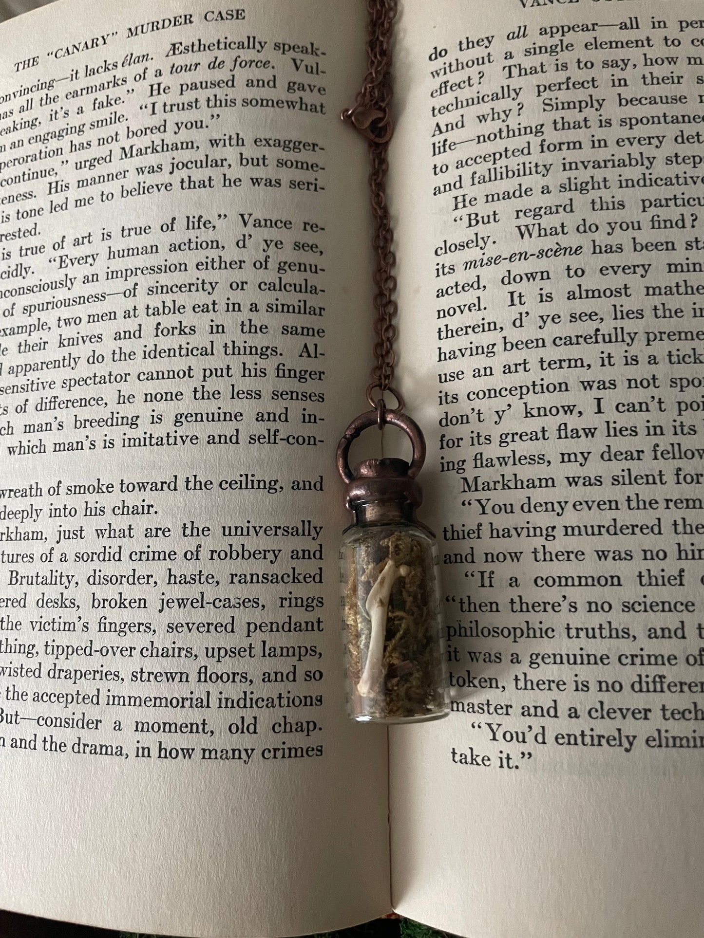 Electroformed Copper Cap Moss and Bone Bottle Necklace