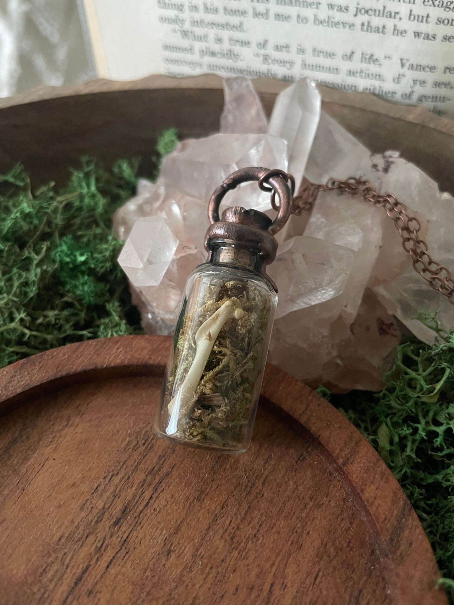 Electroformed Copper Cap Moss and Bone Bottle Necklace