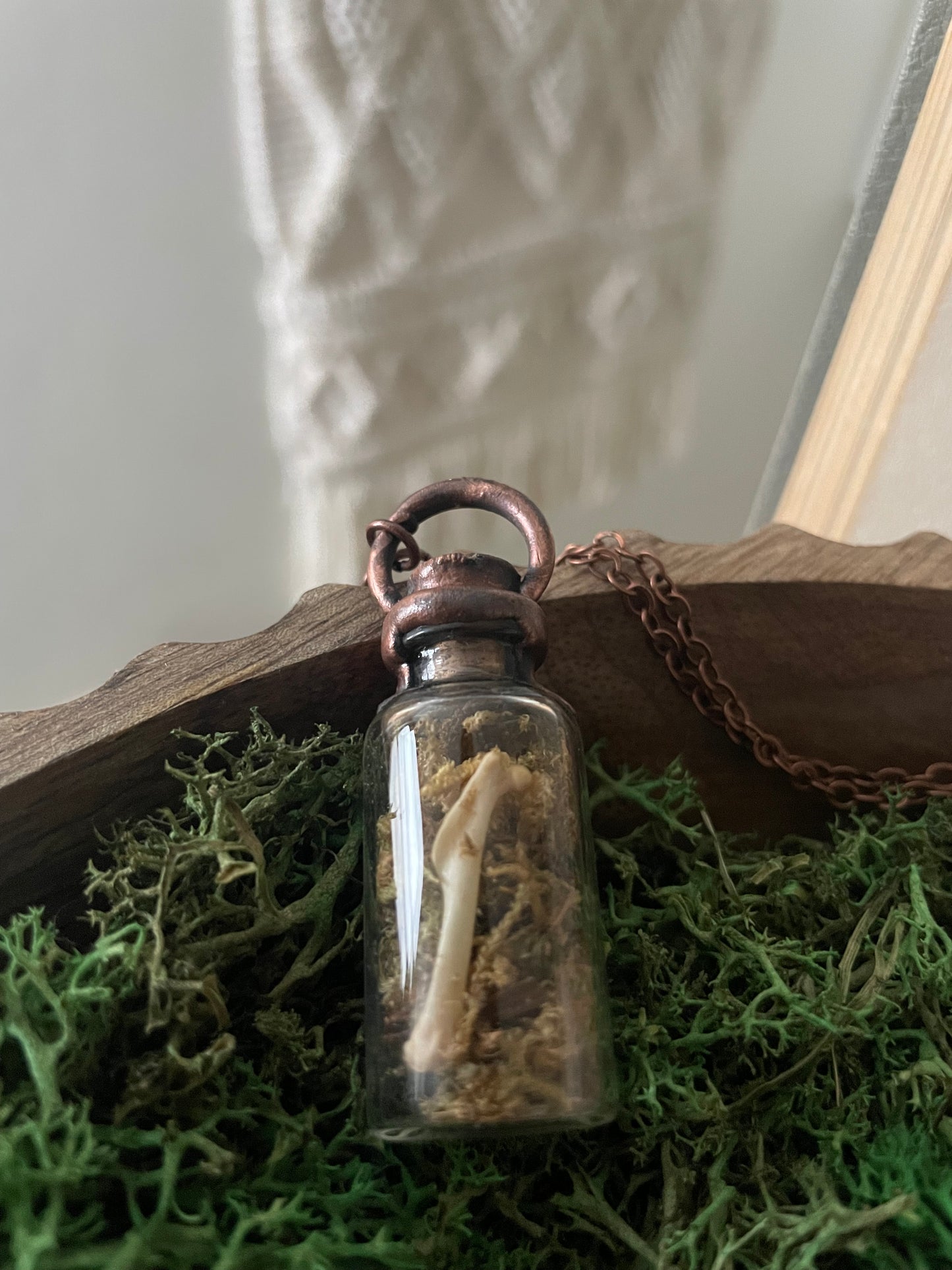 Electroformed Copper Cap Moss and Bone Bottle Necklace