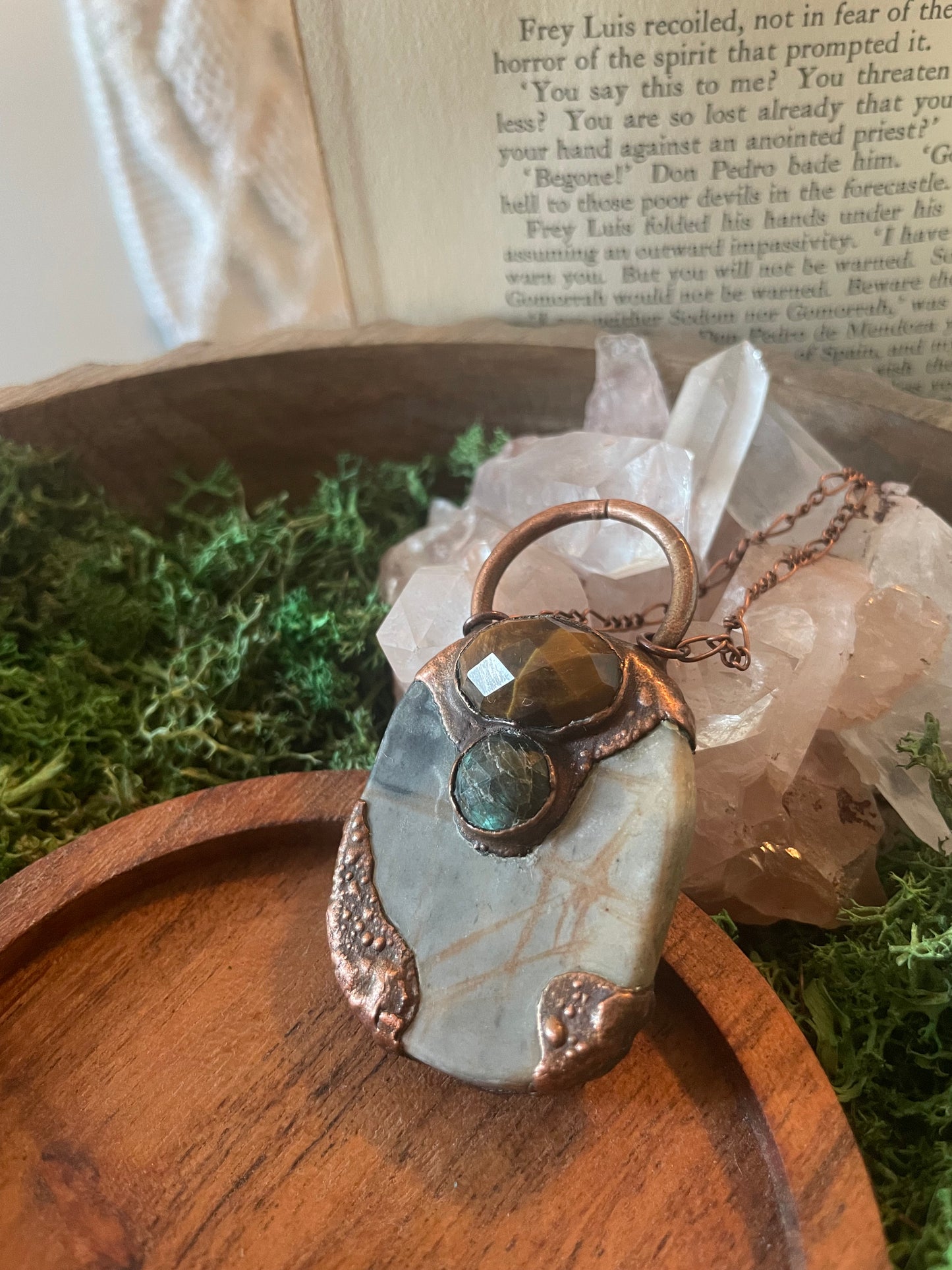 Electroformed Copper Tiger Eye Labradorite and Network Jasper Necklace