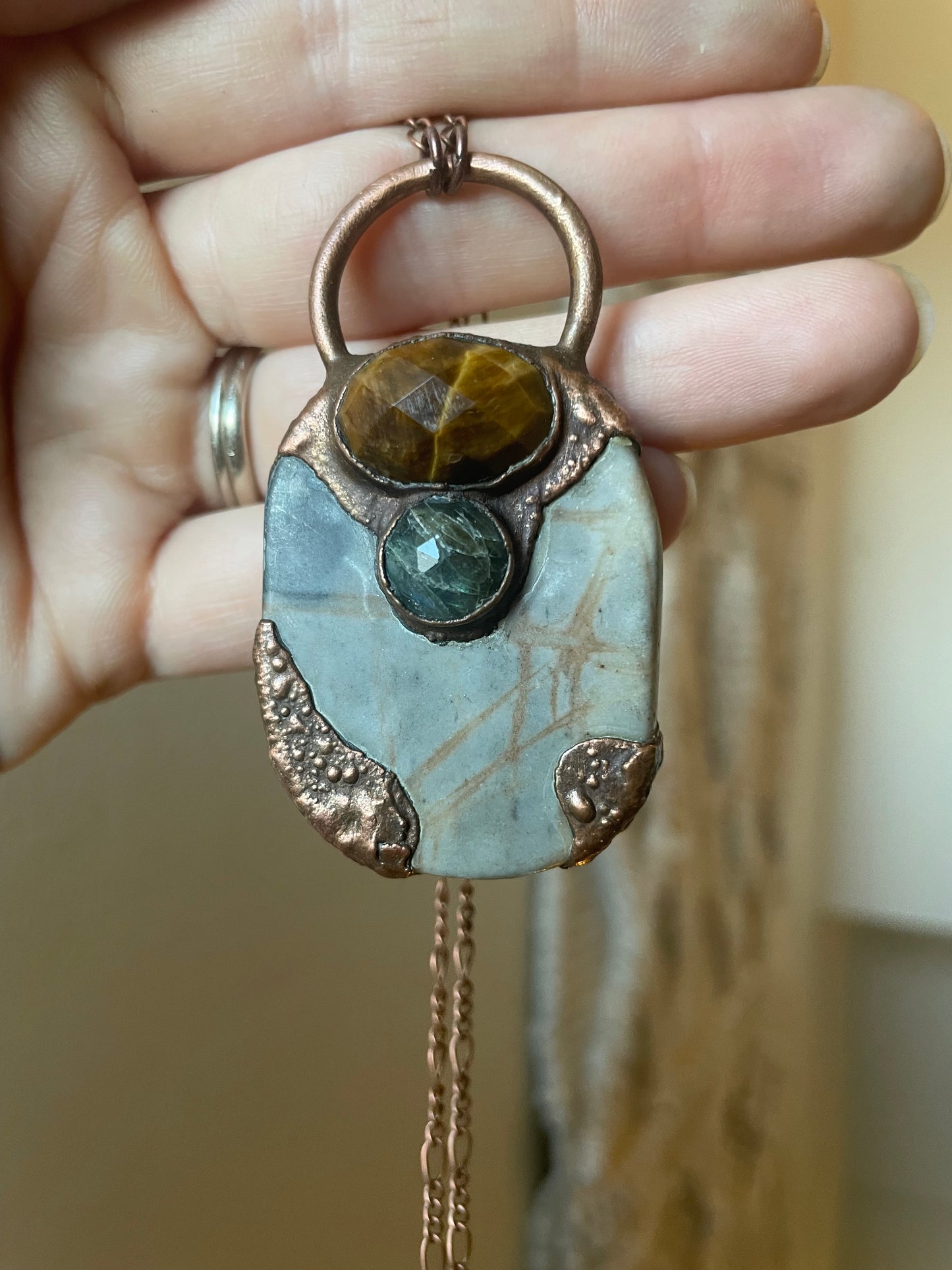 Electroformed Copper Tiger Eye Labradorite and Network Jasper Necklace