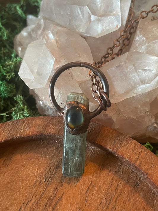 Electroformed Copper Mood stone and Green Kyanite Necklace