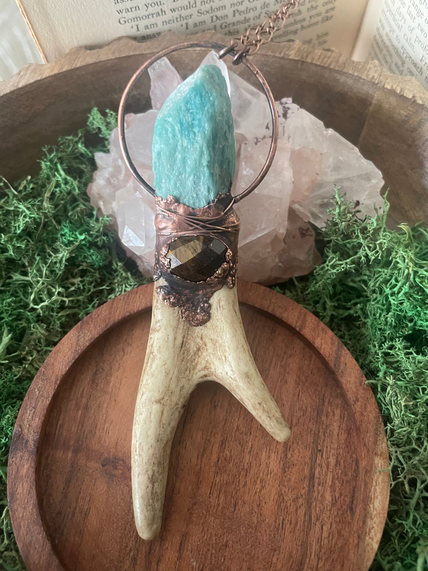 Electroformed Copper Amazonite and Tiger Eye Antler Wand Necklace