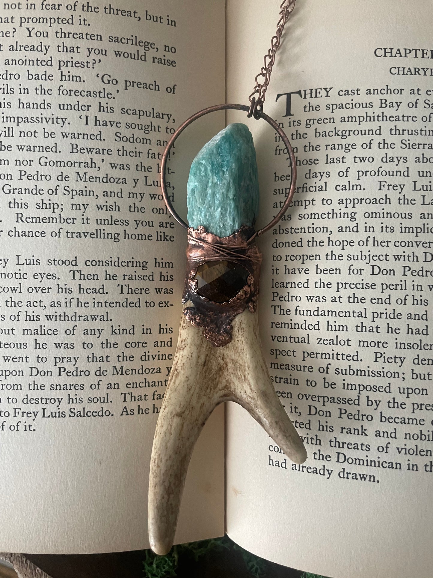 Electroformed Copper Amazonite and Tiger Eye Antler Wand Necklace