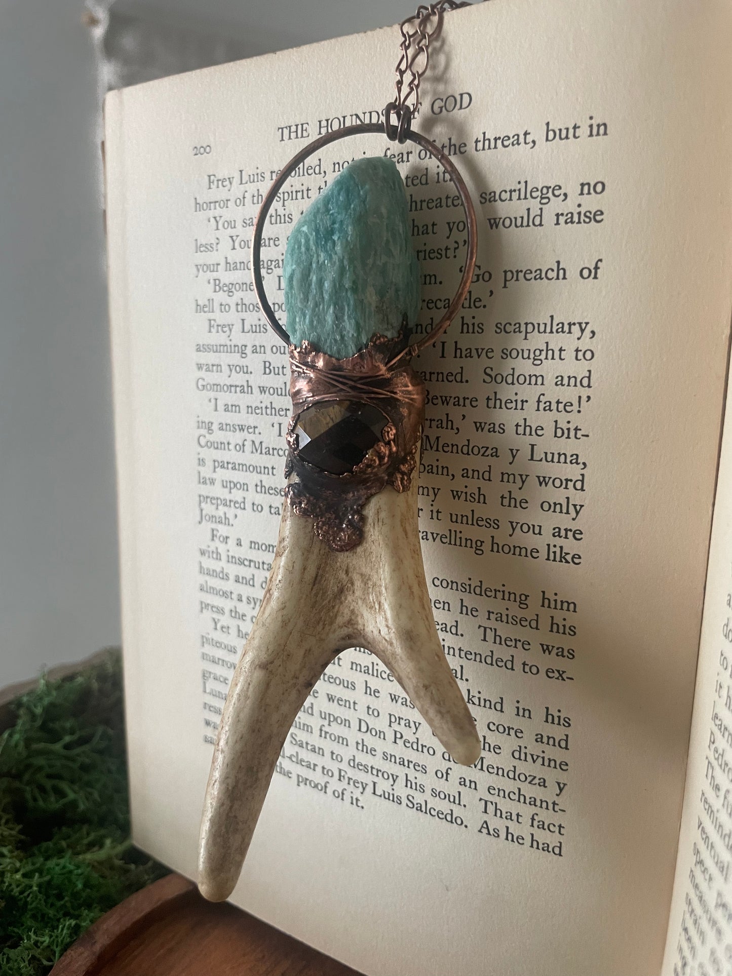 Electroformed Copper Amazonite and Tiger Eye Antler Wand Necklace