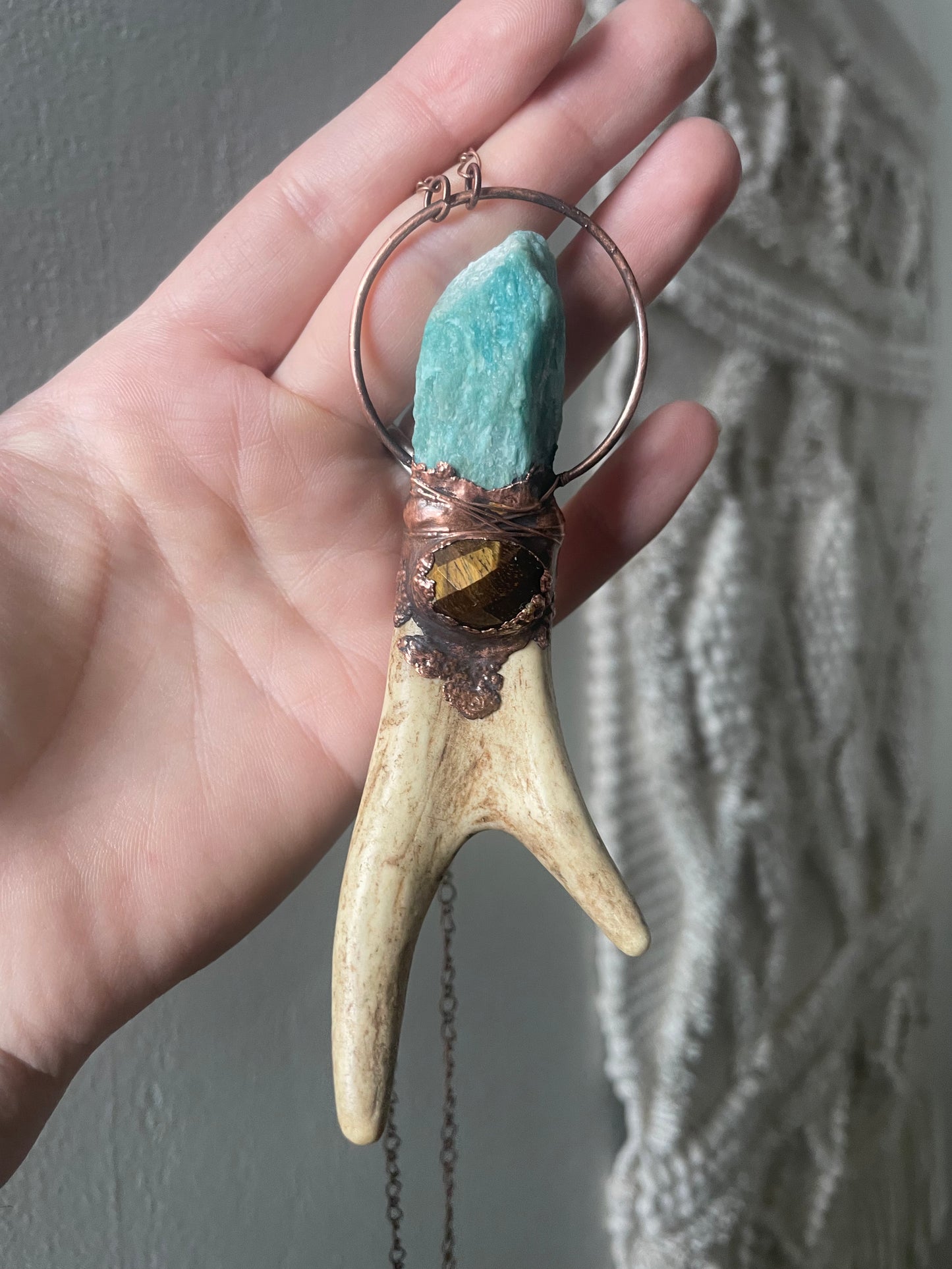 Electroformed Copper Amazonite and Tiger Eye Antler Wand Necklace