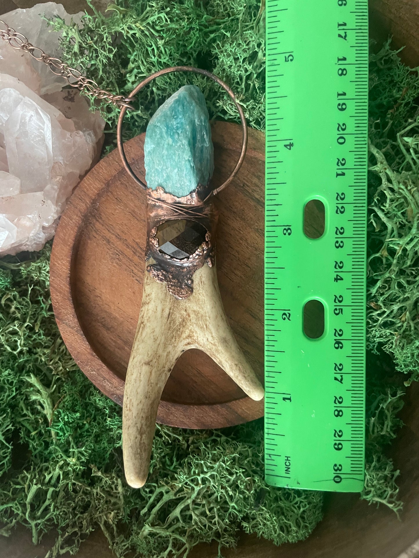 Electroformed Copper Amazonite and Tiger Eye Antler Wand Necklace