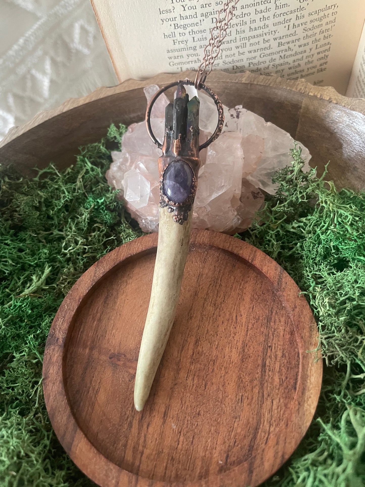 Electroformed Copper Aura Quartz and Amethyst Antler Wand Necklace