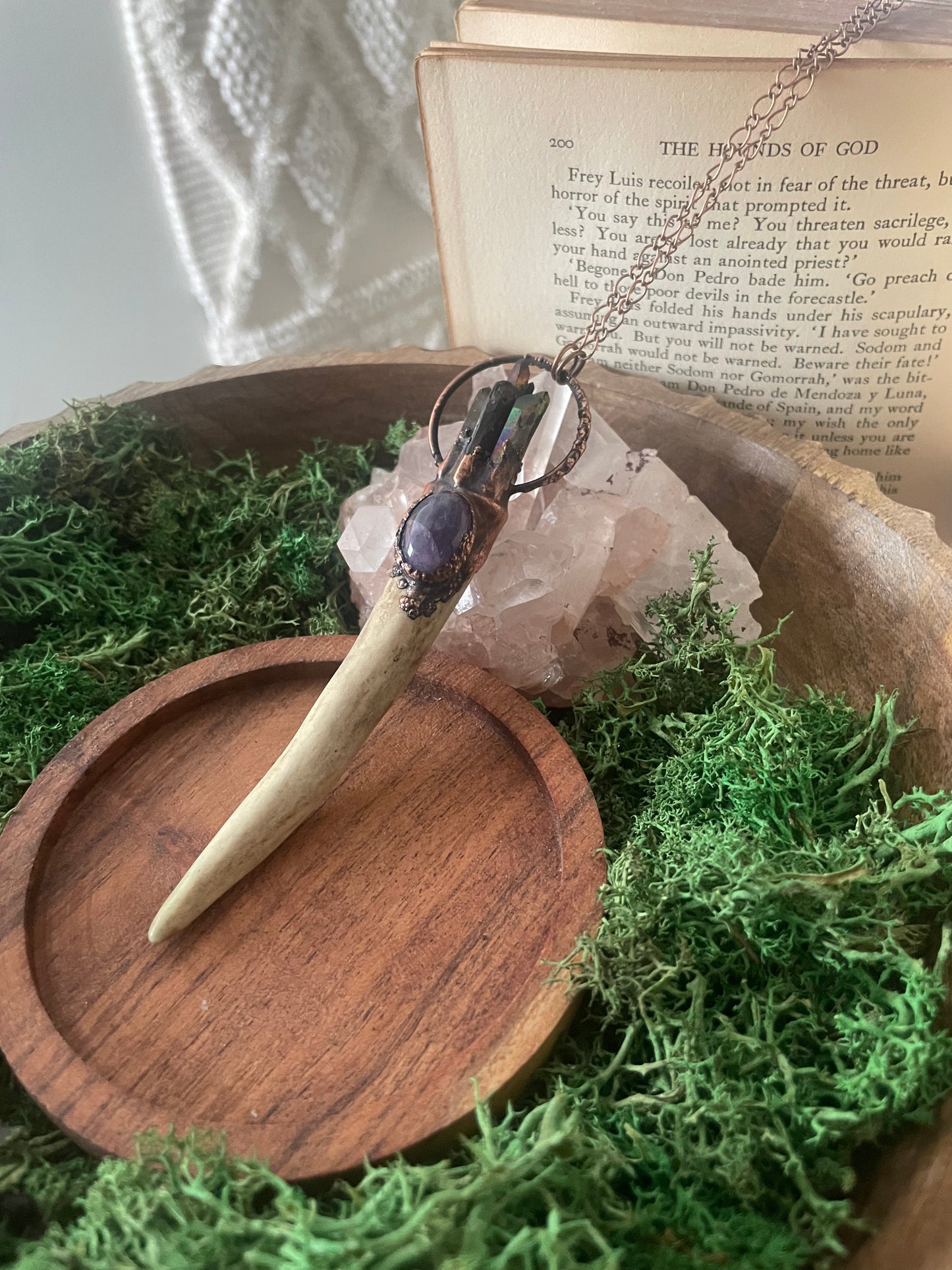 Electroformed Copper Aura Quartz and Amethyst Antler Wand Necklace