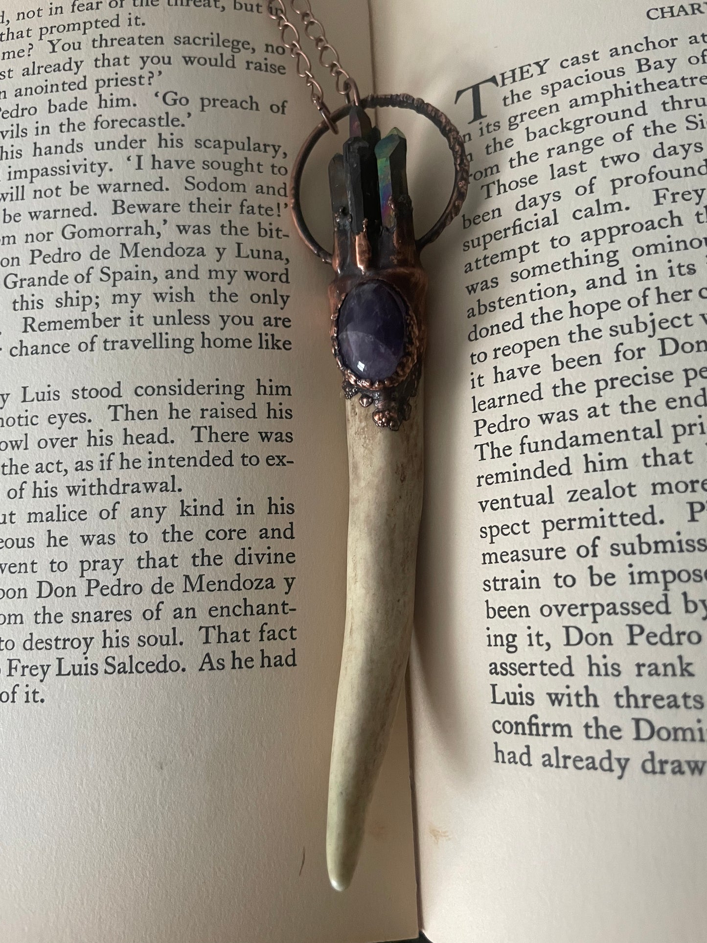 Electroformed Copper Aura Quartz and Amethyst Antler Wand Necklace