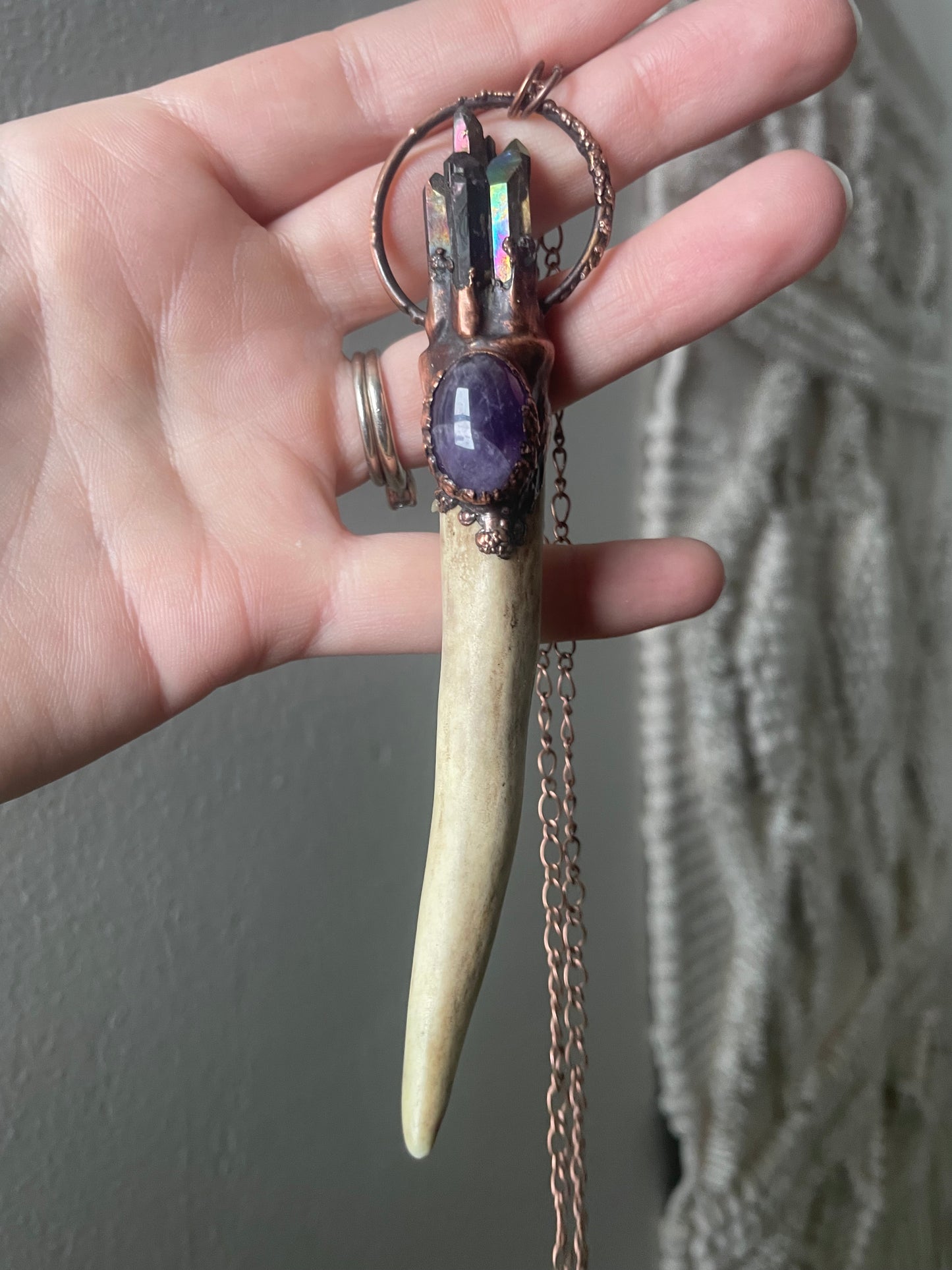 Electroformed Copper Aura Quartz and Amethyst Antler Wand Necklace