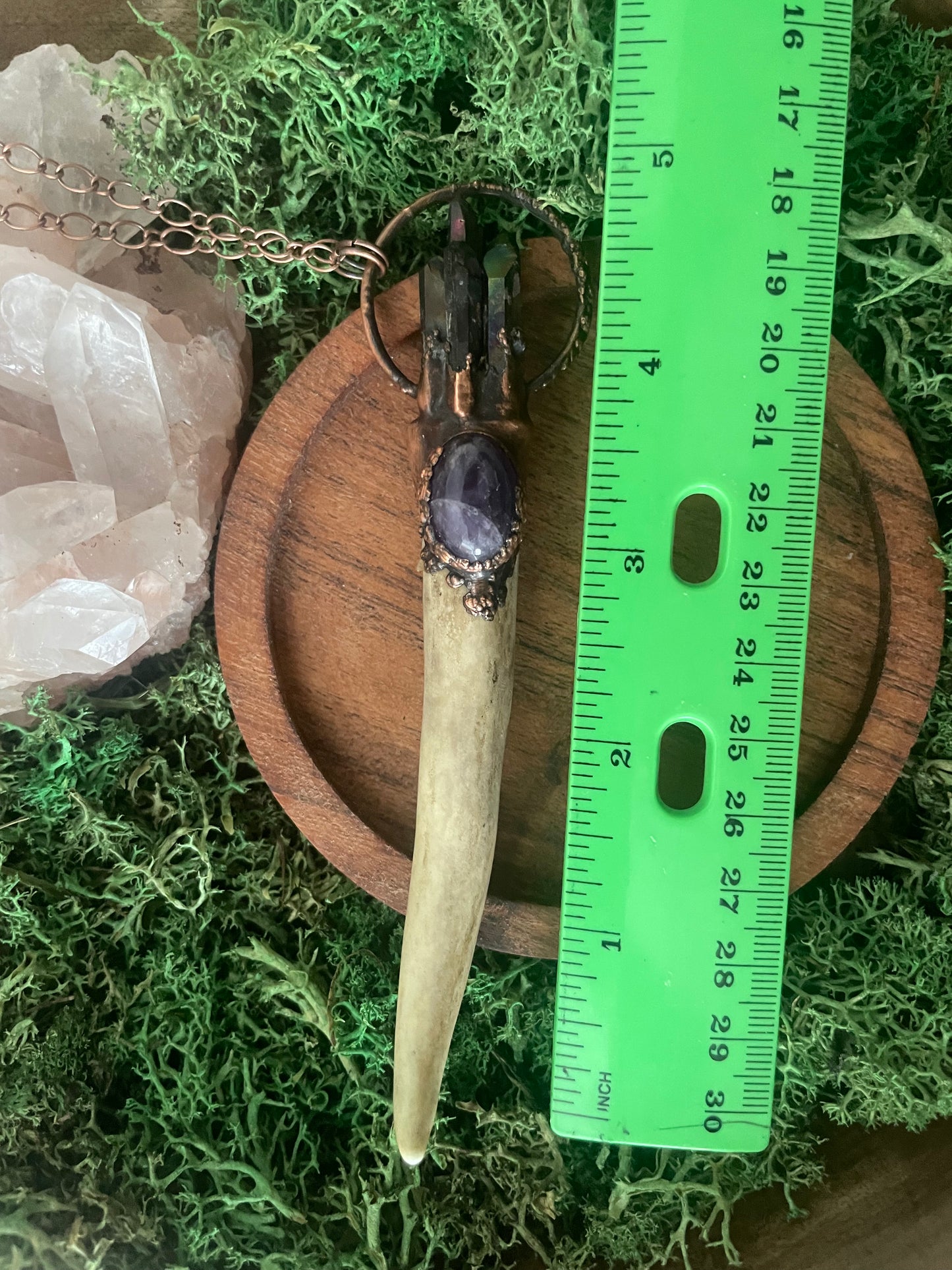 Electroformed Copper Aura Quartz and Amethyst Antler Wand Necklace