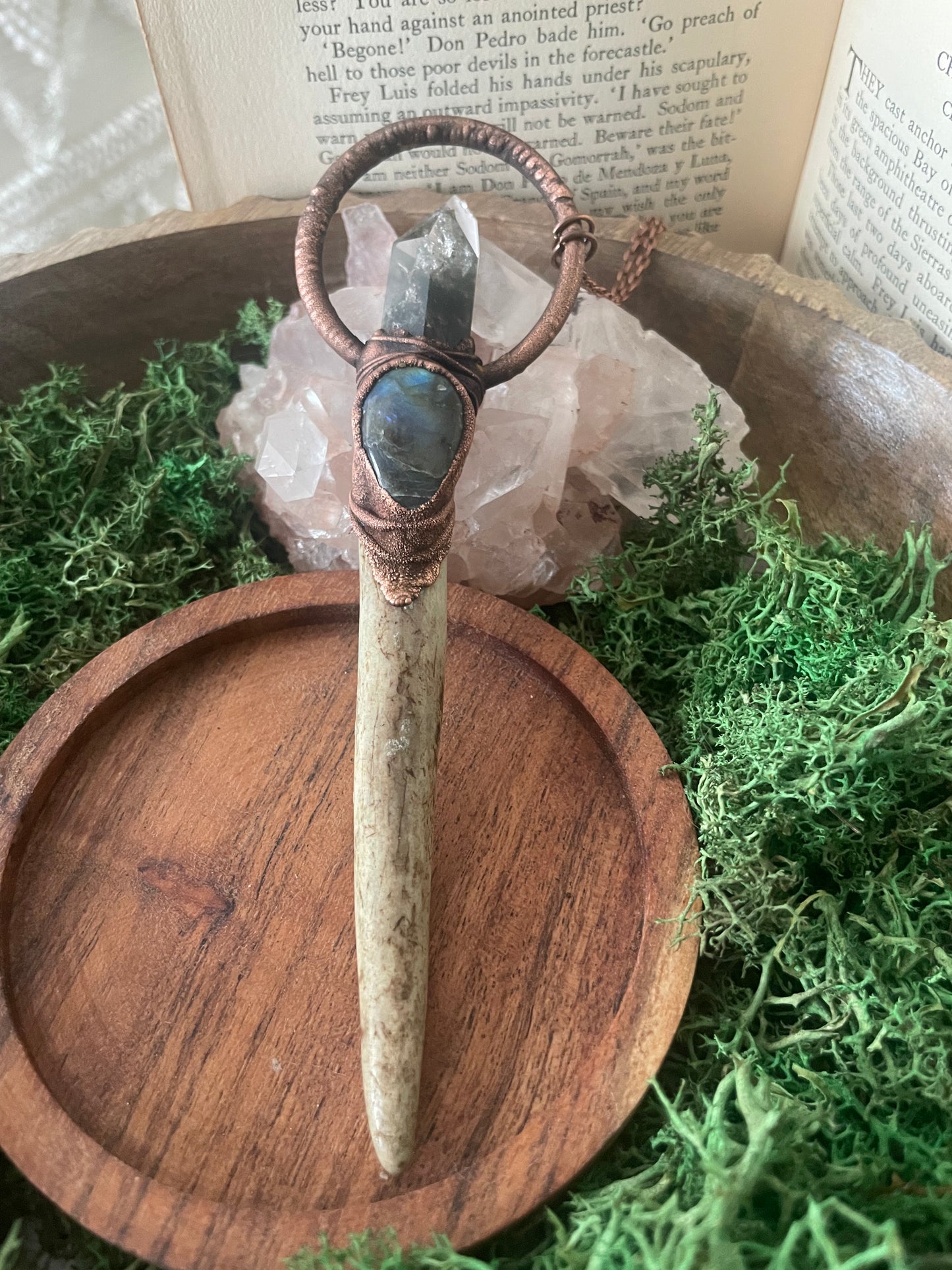 Electroformed Copper Garden Quartz and Labradorite Antler Wand Necklace