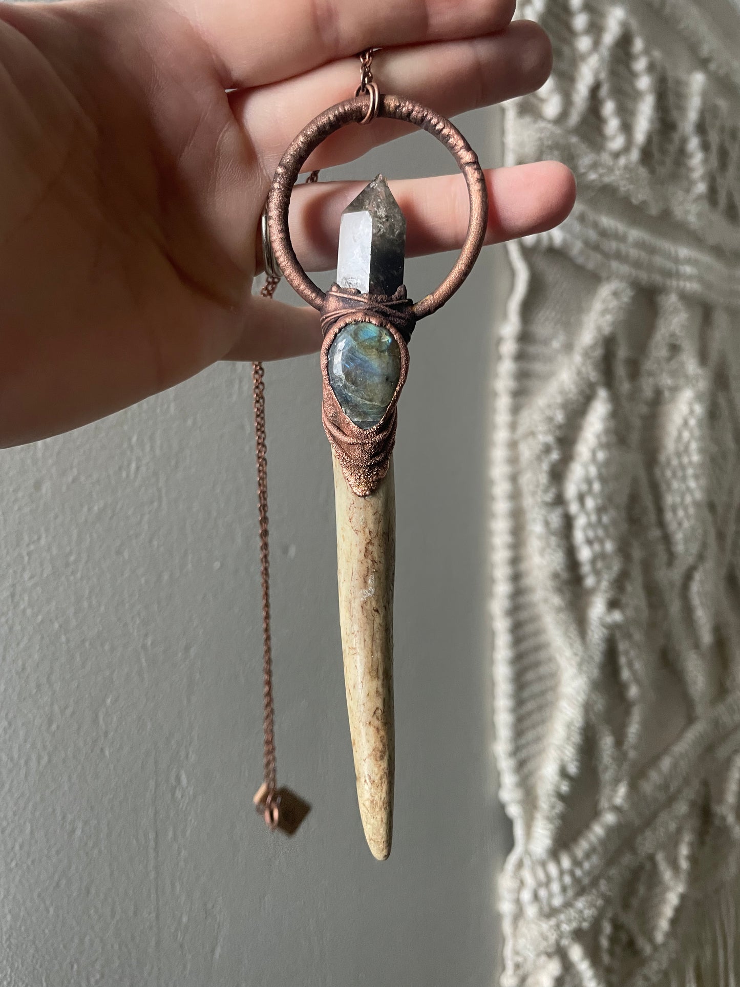 Electroformed Copper Garden Quartz and Labradorite Antler Wand Necklace