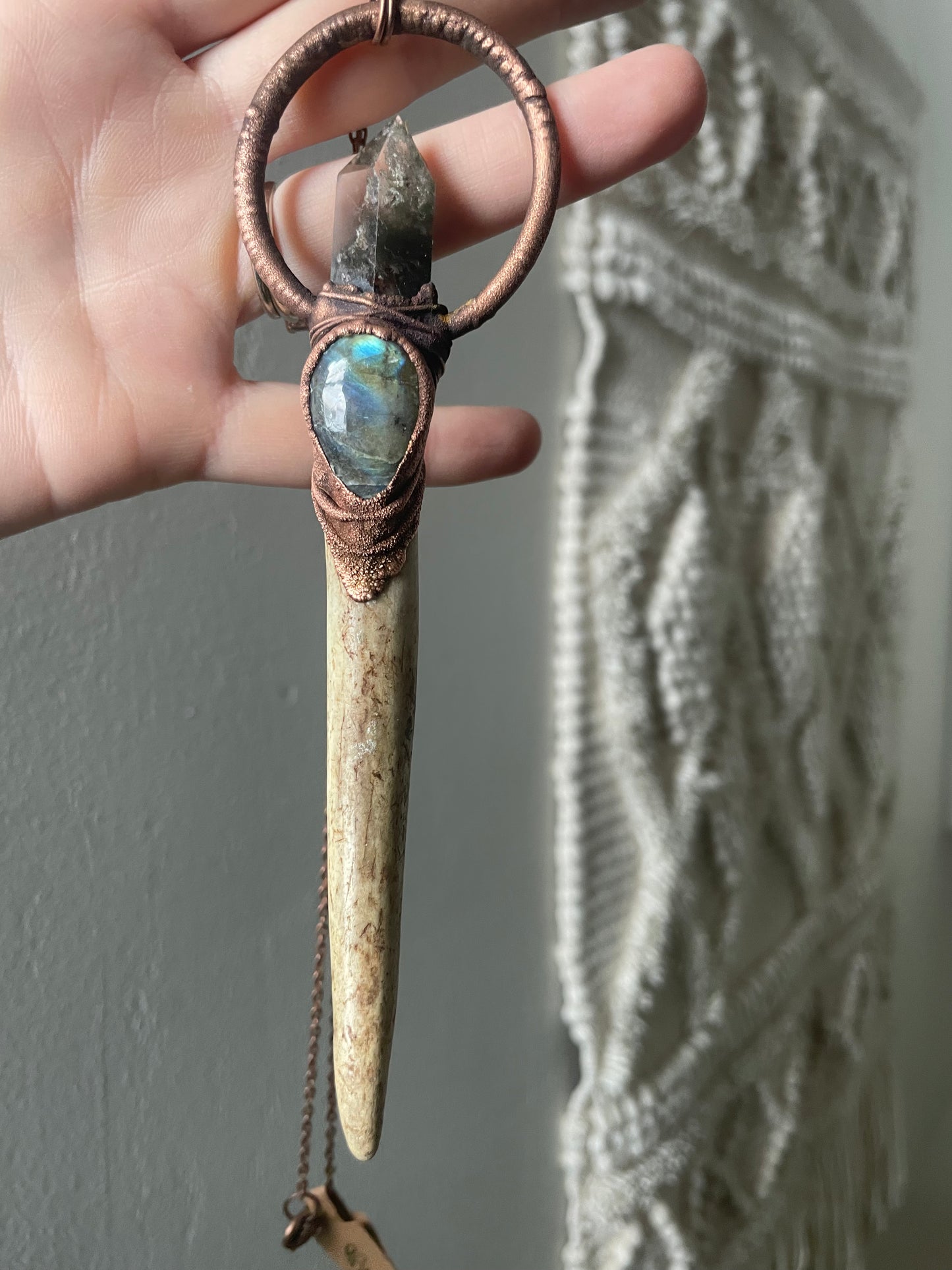 Electroformed Copper Garden Quartz and Labradorite Antler Wand Necklace