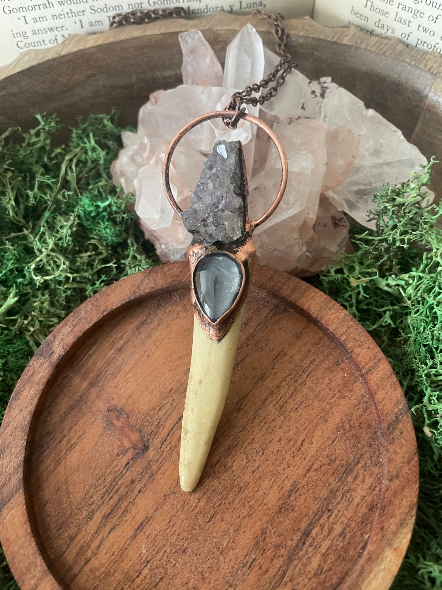 Electroformed Copper Amethyst and Mood Stone Antler Wand Necklace