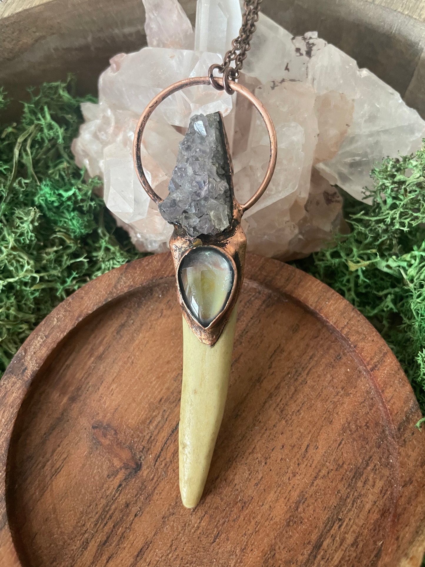 Electroformed Copper Amethyst and Mood Stone Antler Wand Necklace