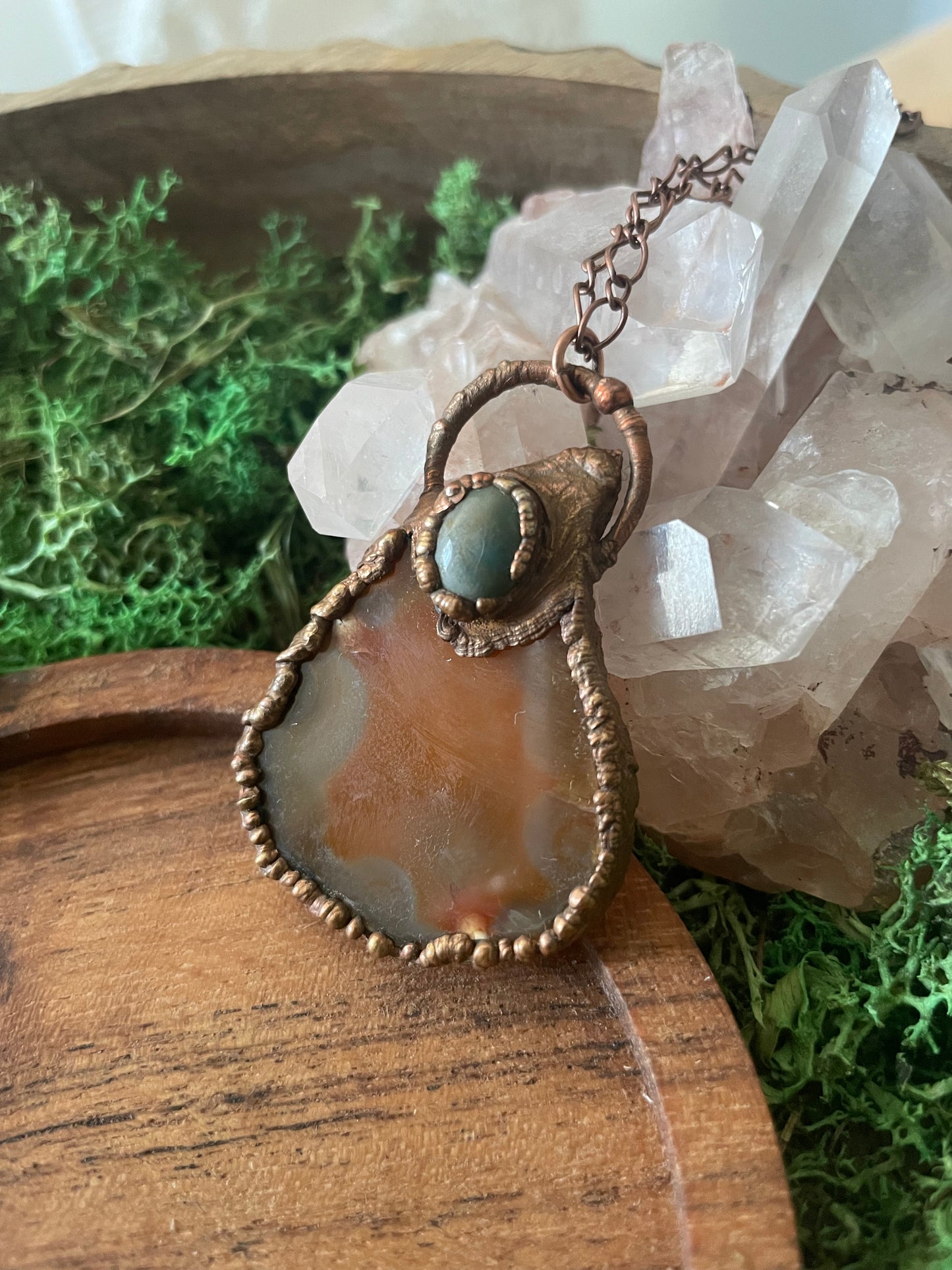 Electroformed Copper Agate Slice Stone Necklace