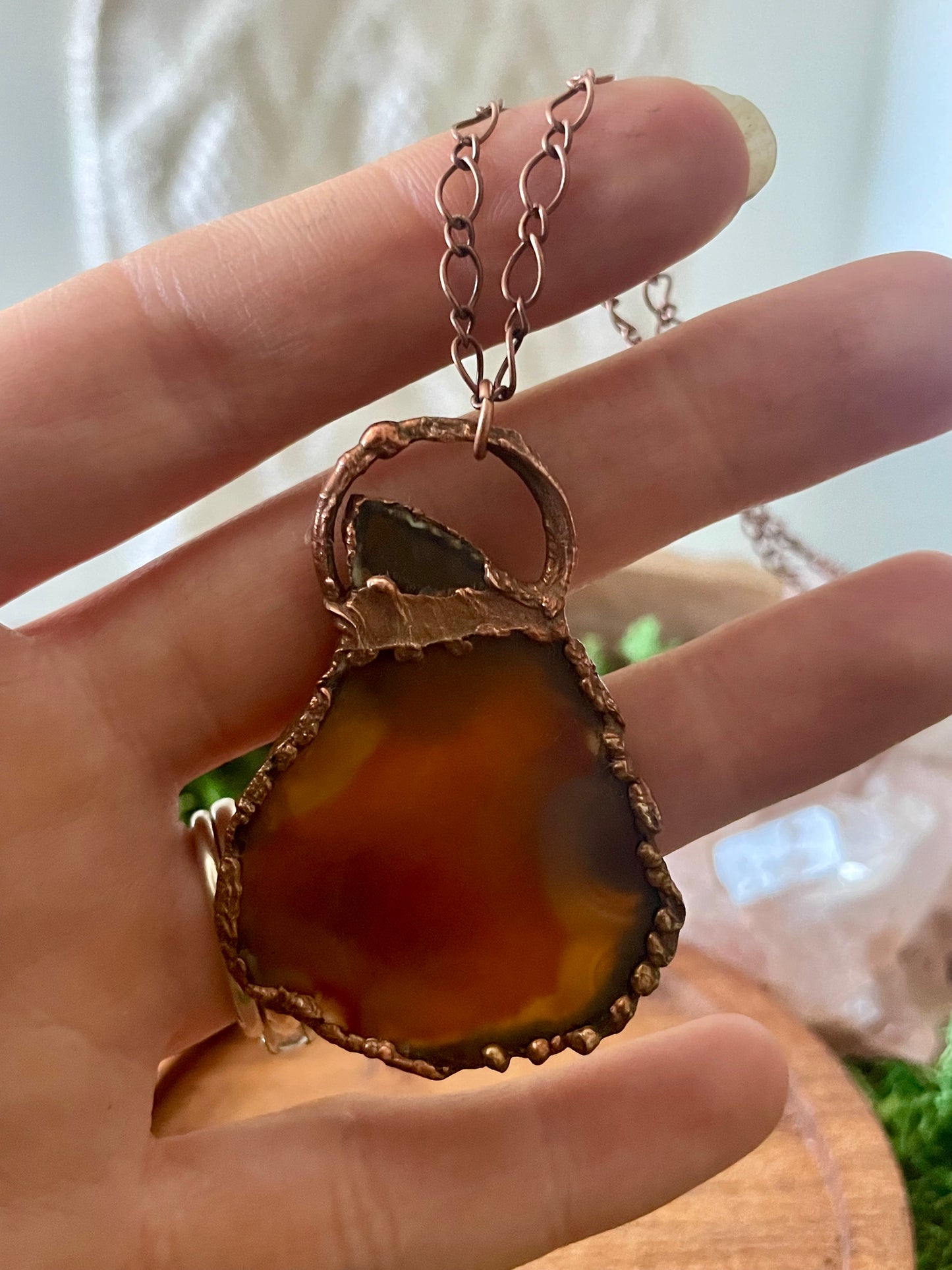 Electroformed Copper Agate Slice Stone Necklace