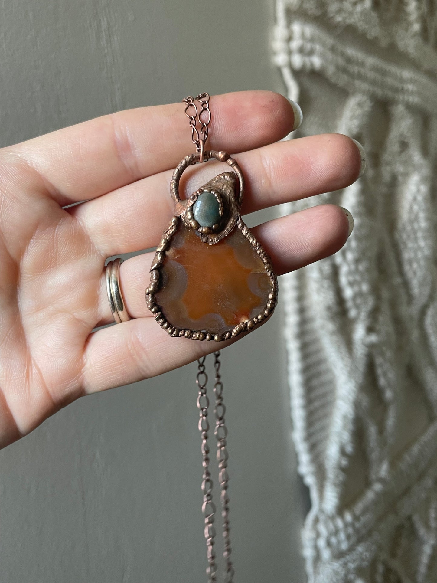 Electroformed Copper Agate Slice Stone Necklace